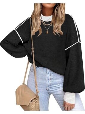 🆕 Womens Black Solid Block Knit Sweater Crewneck Long Sleeve Slouchy Jumper